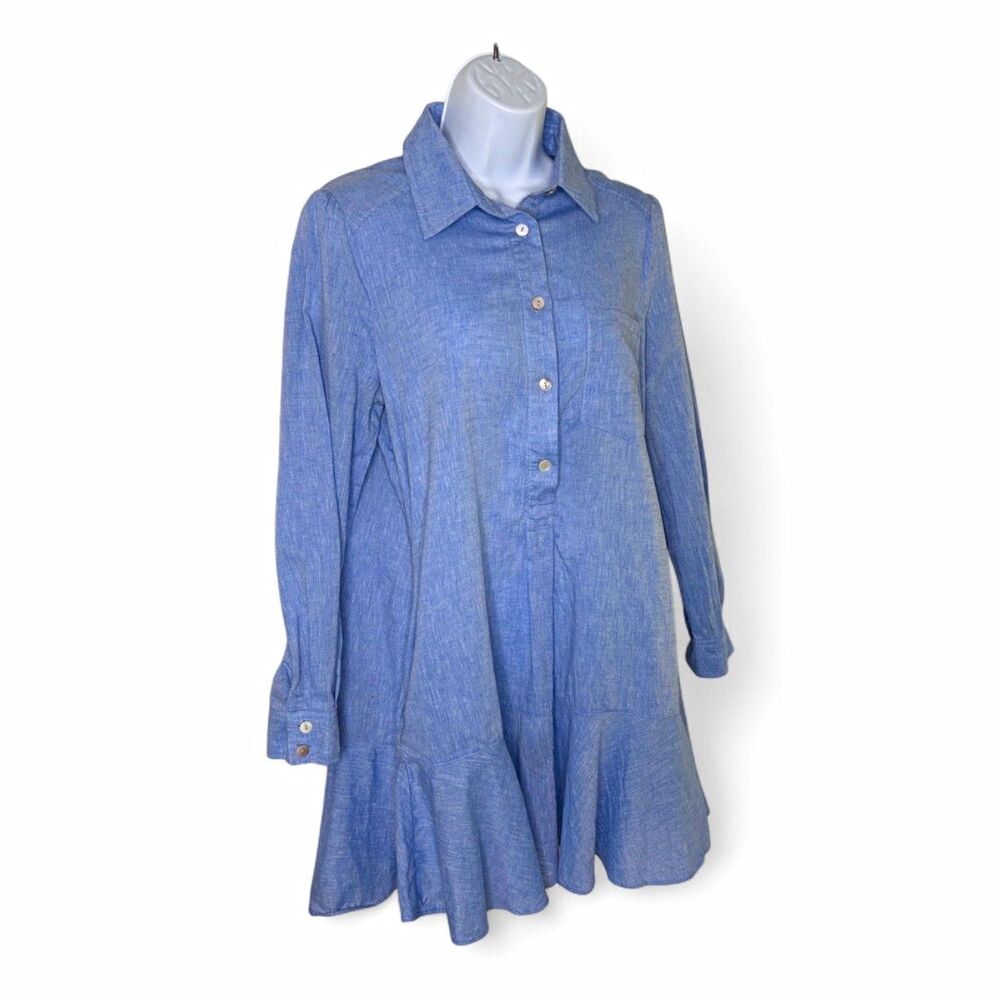 Tuckernuck Chambray Callahan Shirt Dress Size Small Blue Ruffle Flounce Hem Mini
